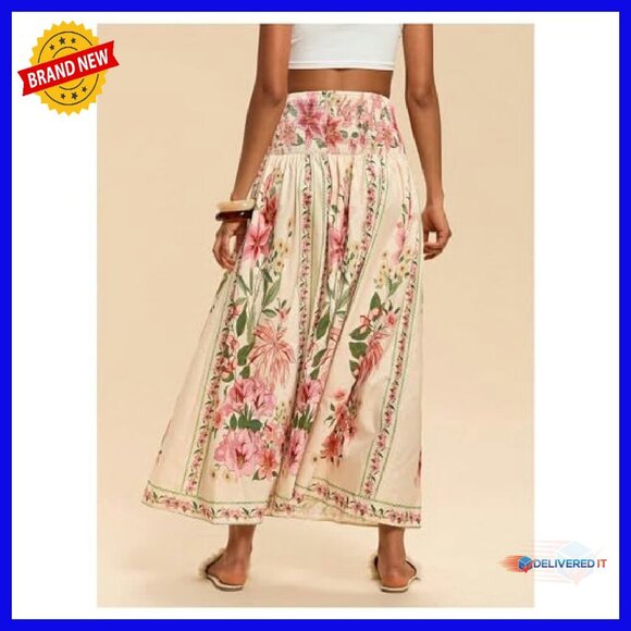 Shirred High Waisted Maxi Skirt A-Line Flowy Long Boho Floral Print - Picture 3 of 7